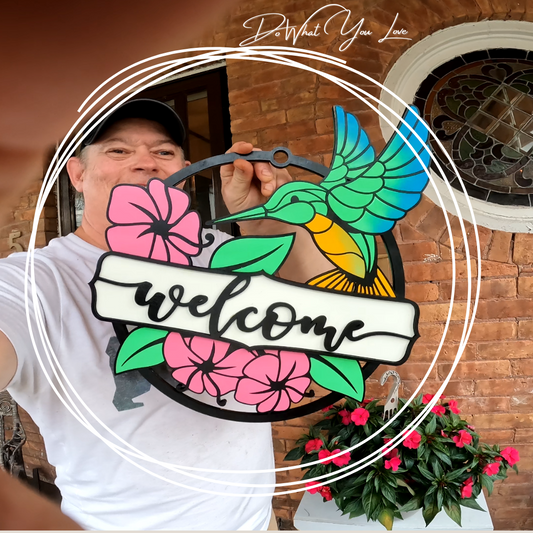 Colorful Hummingbird Welcome Sign - Handcrafted Wood Decor