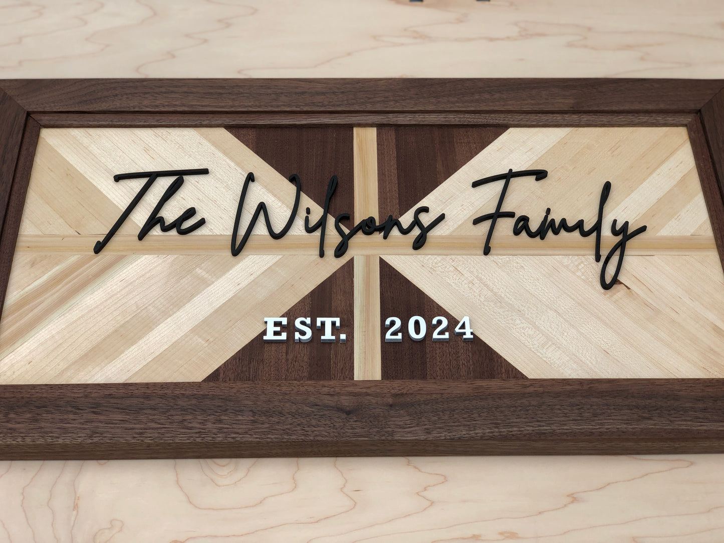 Custom Family Name Wood Sign with Walnut and Maple Chevron Design