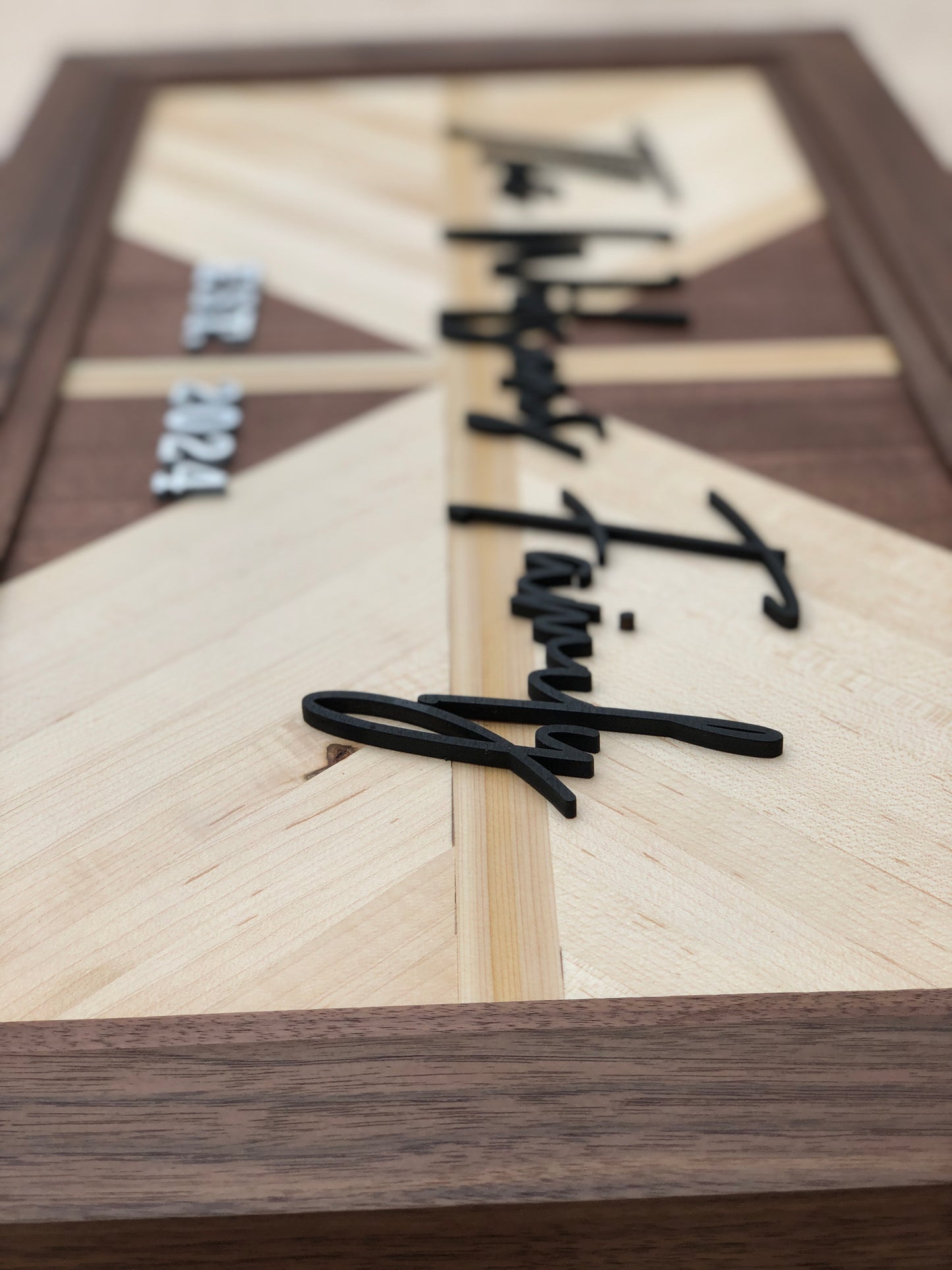 Custom Family Name Wood Sign with Walnut and Maple Chevron Design