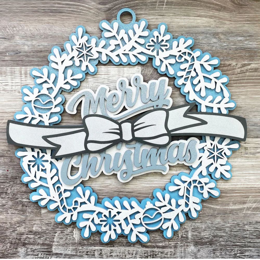 Blue & White Merry Christmas Wreath Sign